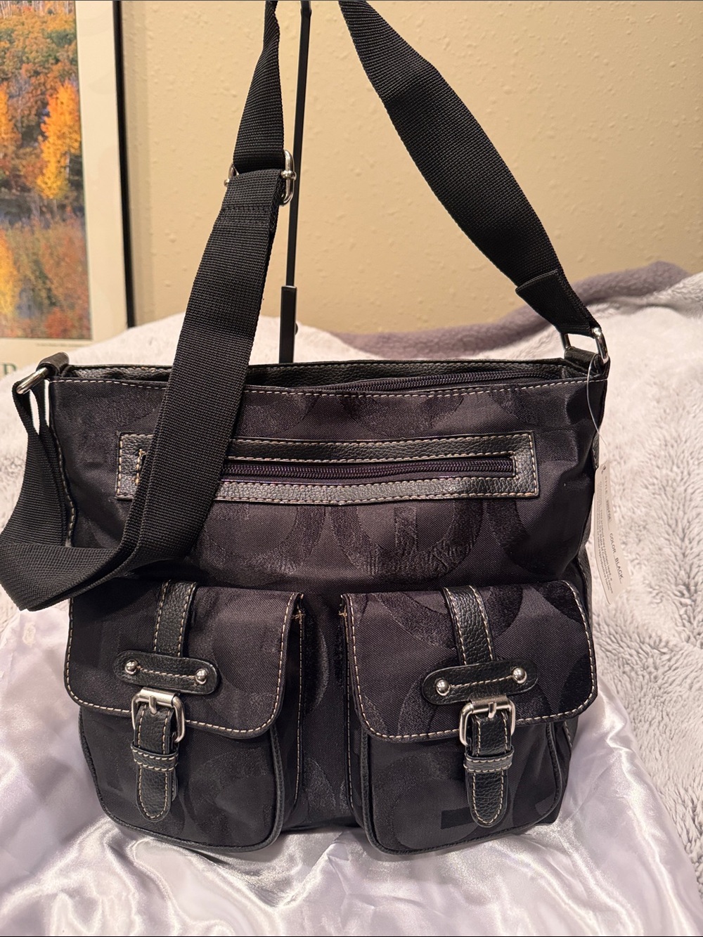 Vegan Black Nylon Crossbody Bag with Front Pockets